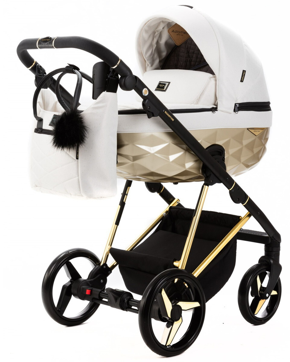 Детская коляска Adamex Quantum Star Premium 3 в 1 Q-STAR33 (БЕЛЫЙ В БЛЕСТКУ+ЗОЛОТО.РАМА)
