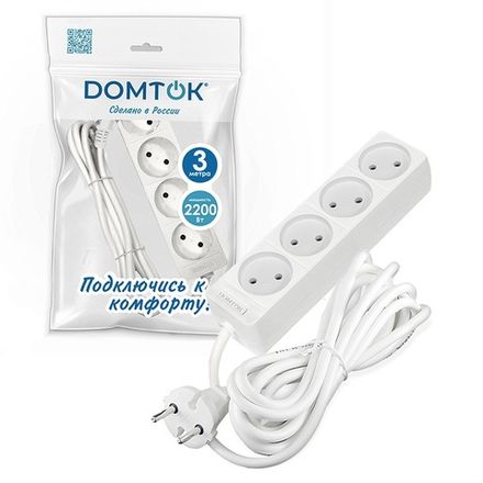 Удлинитель бытовой "DOMTOK" 4гн., ПВС 2*1, 2,2кВт, б/з 3м (1/40)