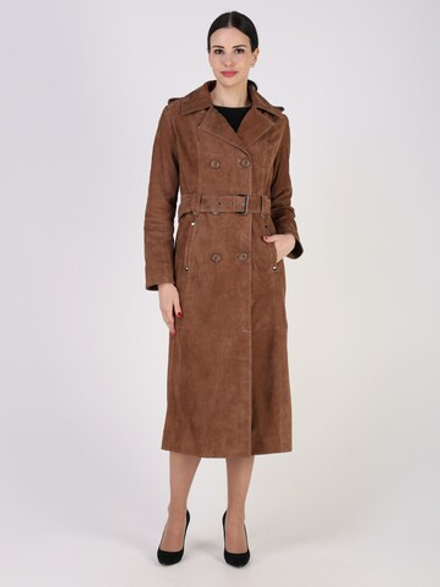 Тренч длинный кожаный с поясом плащ замшевый