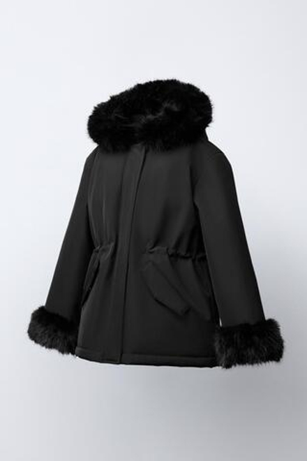ZARA ПАРКА С КАПЮШОНОМ И ИСКУССТВЕННЫМ МЕХОМ, ЧЕРНЫЙ
