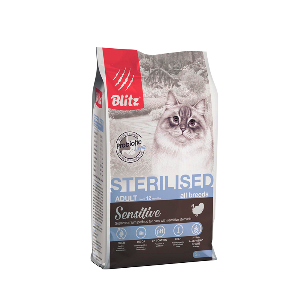 Сухой корм для взрослых стерилизованных кошек с индейкой Blitz Sensitive