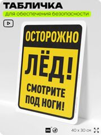 Табличка для обеспечения безопасности "Осторожно, лёд, смотрите под ноги", для офиса, по охране труда для предприятия, организаций, 40х30 см, Silver Plane x Айдентика Технолоджи