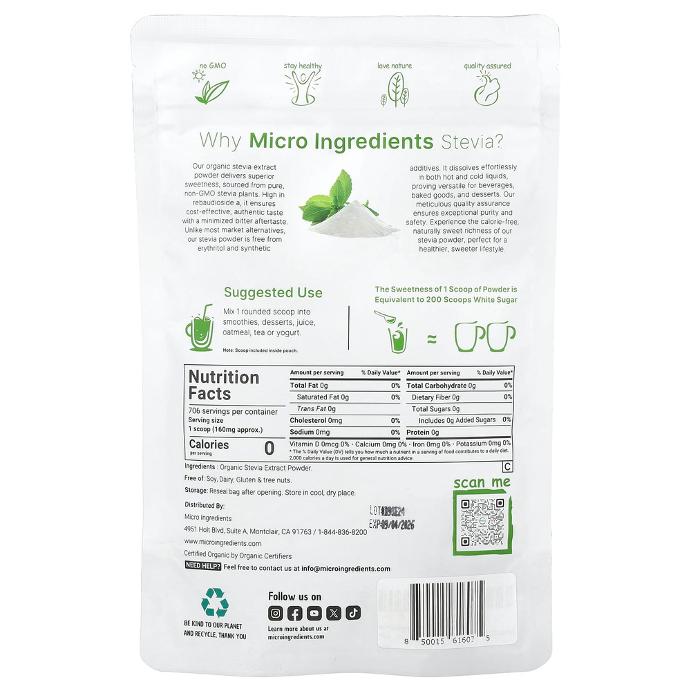 Micro Ingredients, Органический экстракт стевии, 113 г (4 унции)