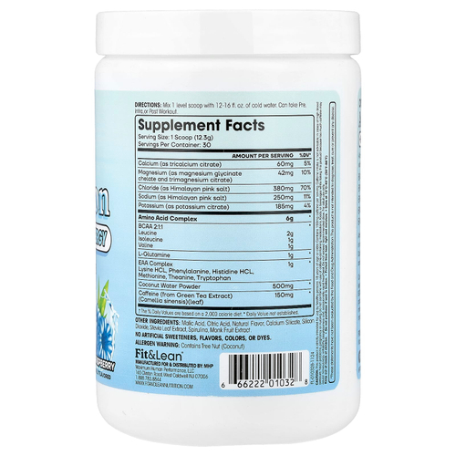 Fit & Lean, Amino Hydration + Energy, аминокислота, голубая малина, 369 г (13 унций)