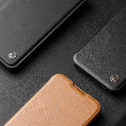 Кожаный чехол книжка коричневого цвета от Nillkin для iPhone 16 Pro Max, серия Qin Prop Leather Case