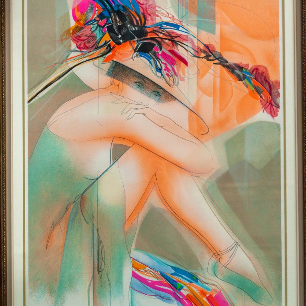 Литография с подписью «Девушка в цветочной шляпке»