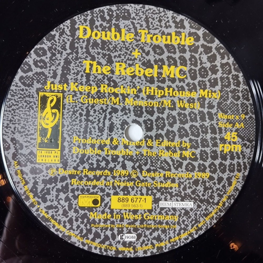 Винтажная виниловая пластинка LP Double Trouble and Rebel MC Just Keep Rockin (Holland 1989) 45 RPM Maxi Single