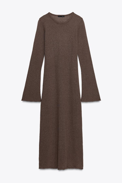 ZARA ДЛИННОЕ ПЛАТЬЕ, ТЕМНО-КОРИЧНЕВЫЙ