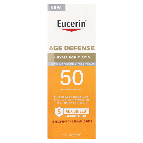 Eucerin, Age Defense, легкий солнцезащитный лосьон для лица, SPF 50, без отдушек, 75 мл (2,5 жидк. унц.)
