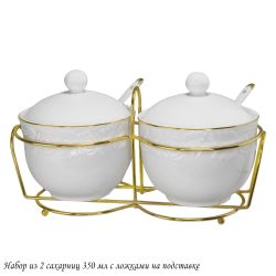 Lenardi 109-169 Набор из 2 сахарниц 350мл с ложками на подставке БЕЛАЯ РОЗА в под.уп.(х12)Фарфор