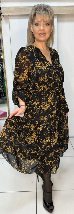 Нарядное двойное платье с поясом и шифоновыми рукавами