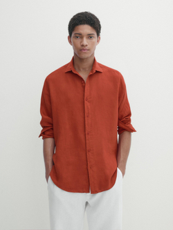 Massimo Dutti Рубашка классического кроя из 100% льна, красный