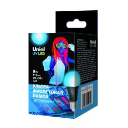 LED-A60-9W-UVAD-E27-FR PLZ07BK Лампа светодиодная ультрафиолетовая для дискотек . Спектр UVA 410нм. Картон. ТМ Uniel