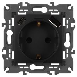 Розетка ЭРА Elegance 14-4108-05 2P+E 16A-250В со шторками с USB type-A+C 5В-3А антрацит