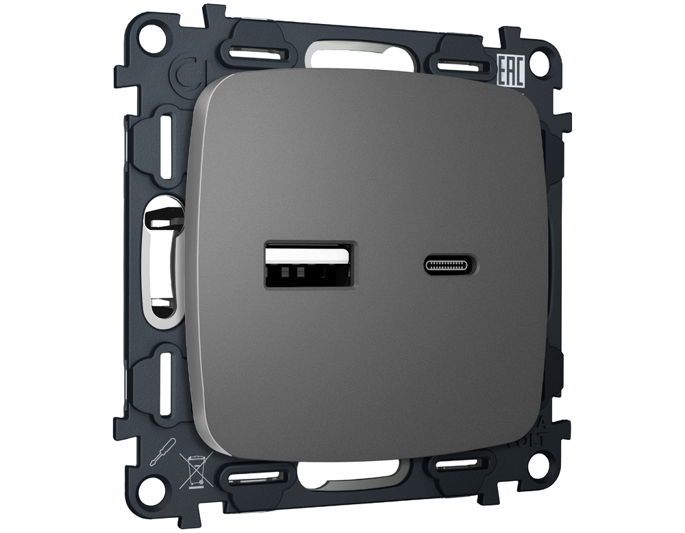 MO661010 Комплект механизма розетки OMEGA Антрацит серый 2USB A+C 20W (быстрая зарядка) QUANT (OP6610, VM177)