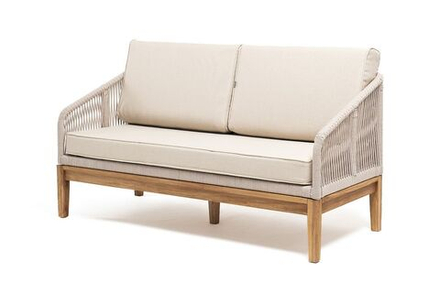 "Канны" диван 2-местный плетеный из роупа, основание дуб, роуп бежевый круглый, ткань бежевая 035
