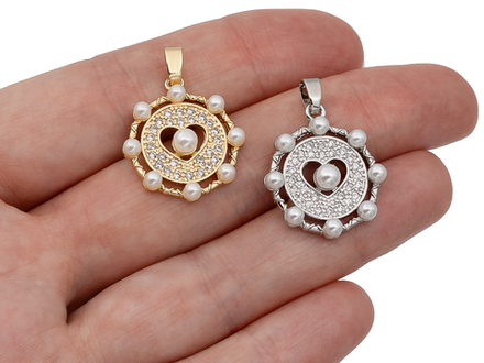 Медальон круглый "Сердце" 19,5мм, с бусинами