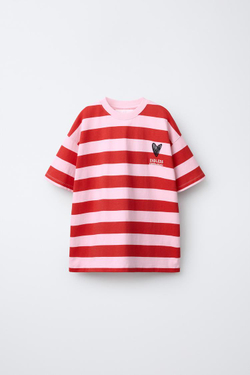 ZARA ФУТБОЛКА В ПОЛОСКУ С СЕРДЦЕМ, РОЗОВЫЙ\БЕЛЫЙ