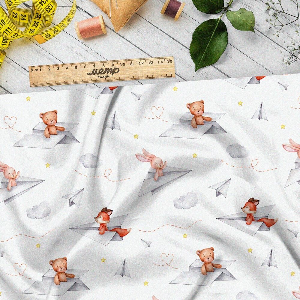 Ткань сатин зверьки на бумажных самолётах