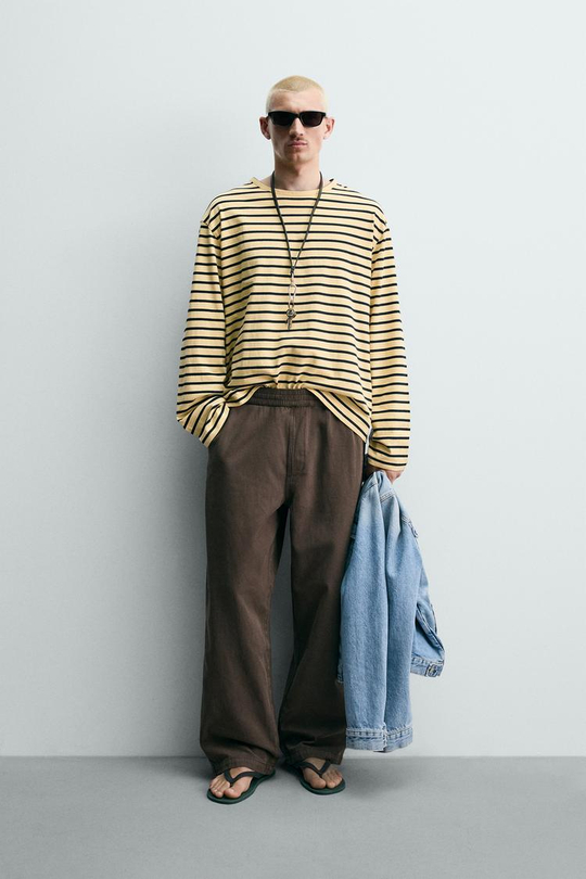 ZARA БРЮКИ RELAXED FIT В ЕЛОЧКУ, КОРИЧНЕВЫЙ