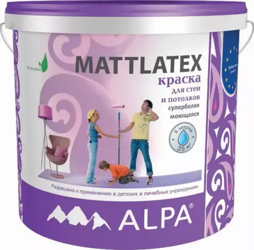 Краска Alpa Mattlatex для стен и потолков супербелая моющаяся