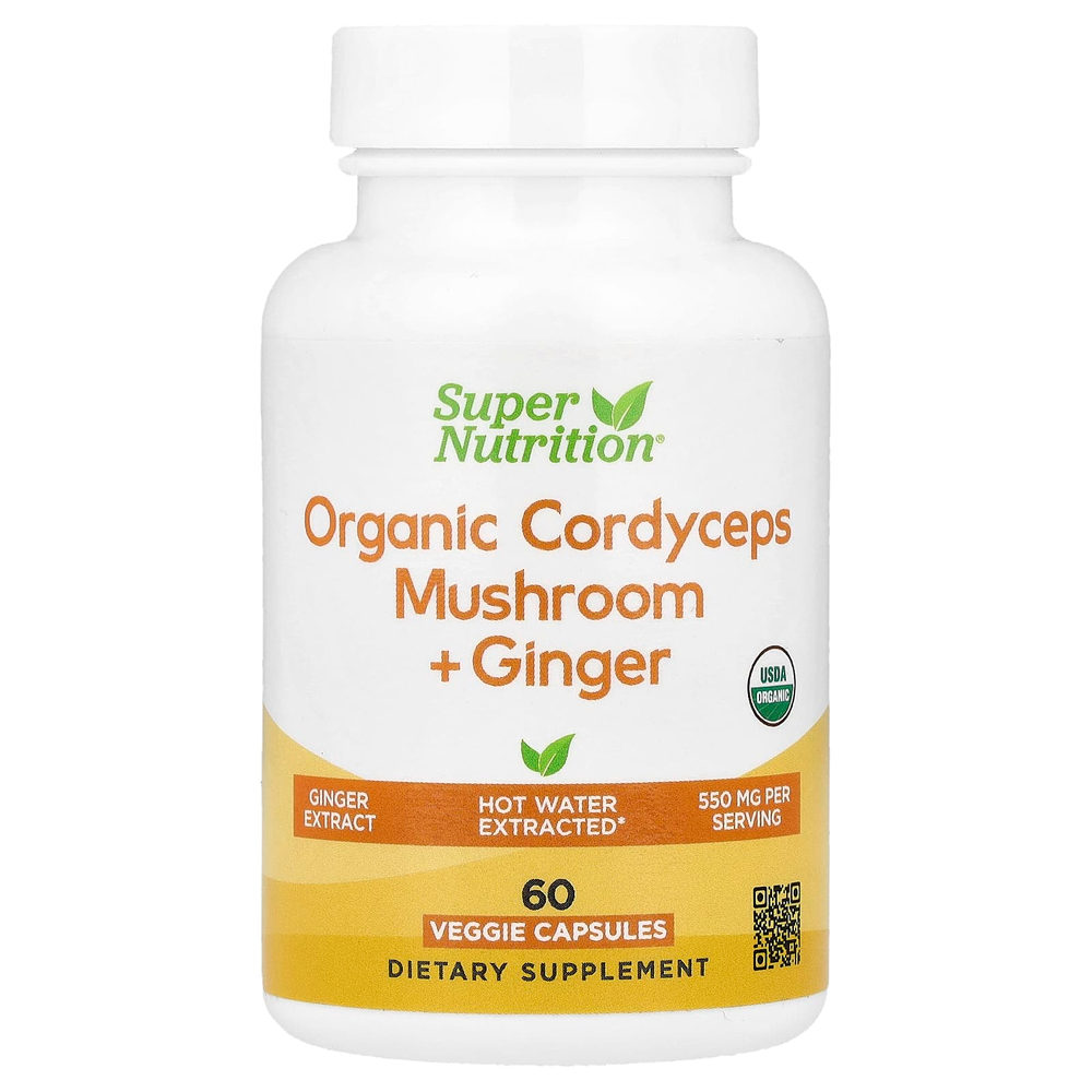 Super Nutrition, органический гриб кордицепс с имбирём, 60 вегетарианских капсул