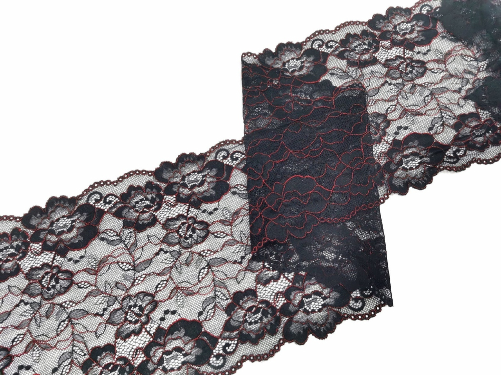 Эластичное кружево, 21 см, черное с красной кордовой нитью, (Арт: EK-2527), м