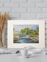 Картина авторская акварельная в паспарту 21х30 см на стену для интерьера "Водопад на реке Осетр"