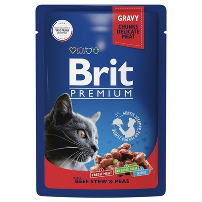 Влажный корм пауч для взрослых кошек Брит BRIT PREMIUM говядина и горошек в соусе, 85г 14шт