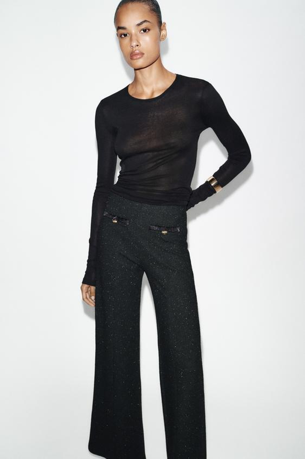 ZARA БРЮКИ ИЗ БУКЛЕ С МЕТАЛЛИЗИРОВАННОЙ НИТЬЮ, ЧЕРНЫЙ/ЭКРЮ