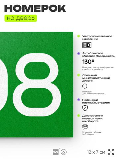 Номер на дверь 308, табличка на дверь для офиса, квартиры, кабинета, аудитории, склада, зеленая 120х70 мм, Айдентика Технолоджи