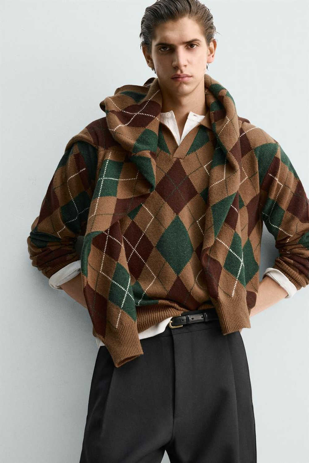 ZARA ВЯЗАНОЕ ПОЛО С РОМБАМИ, РЫЖЕВАТО-КОРИЧНЕВЫЙ