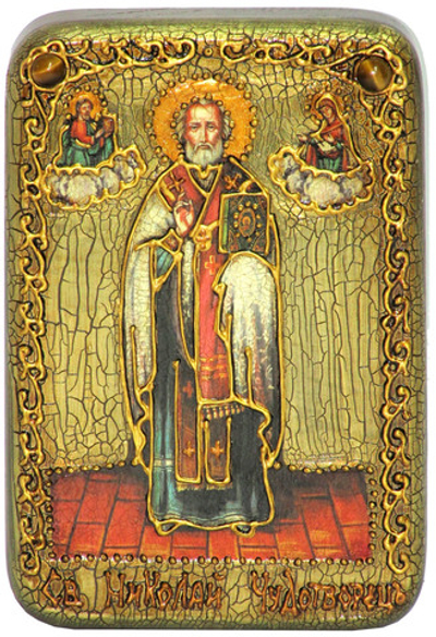 Инкрустированная икона Святитель Николай, архиепископ Мир Ликийский (Мирликийский) 15х10см на натуральном дереве в подарочной коробке