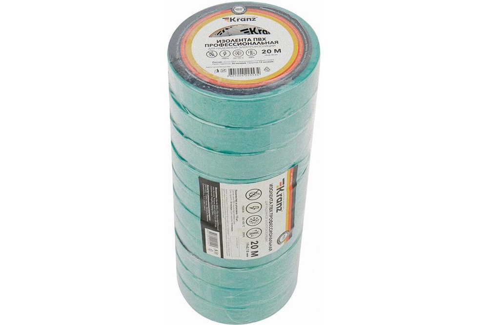 Профессиональная изолента ПВХ KRANZ 0,18х19 мм, 20 м, зеленая KR-09-2803