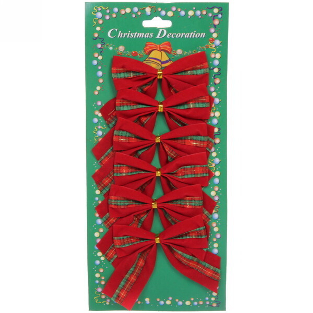 Бант на ёлку «Клетка» 8*8 см (набор 6шт), Красный