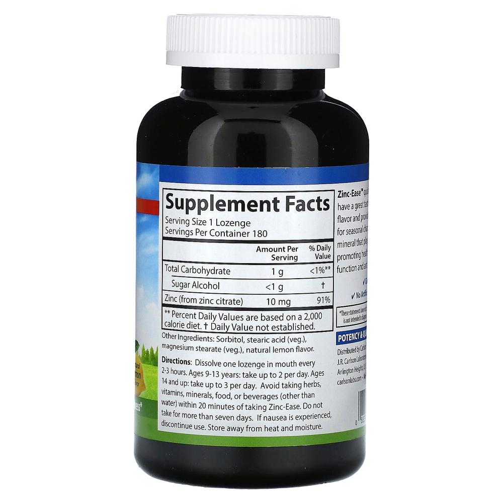 Carlson, Zinc-Ease, успокаивающая пастилка, натуральный лимон, 180 пастилок (10 мг в каждой пастилке)