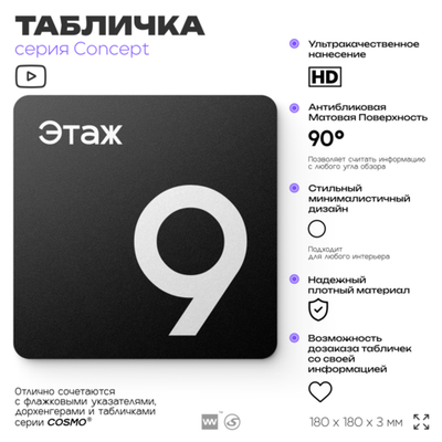 Табличка Этаж 9, на дверь и стену, навигационная и информационная, серия CONCEPT, 18х18 см, Айдентика Технолоджи