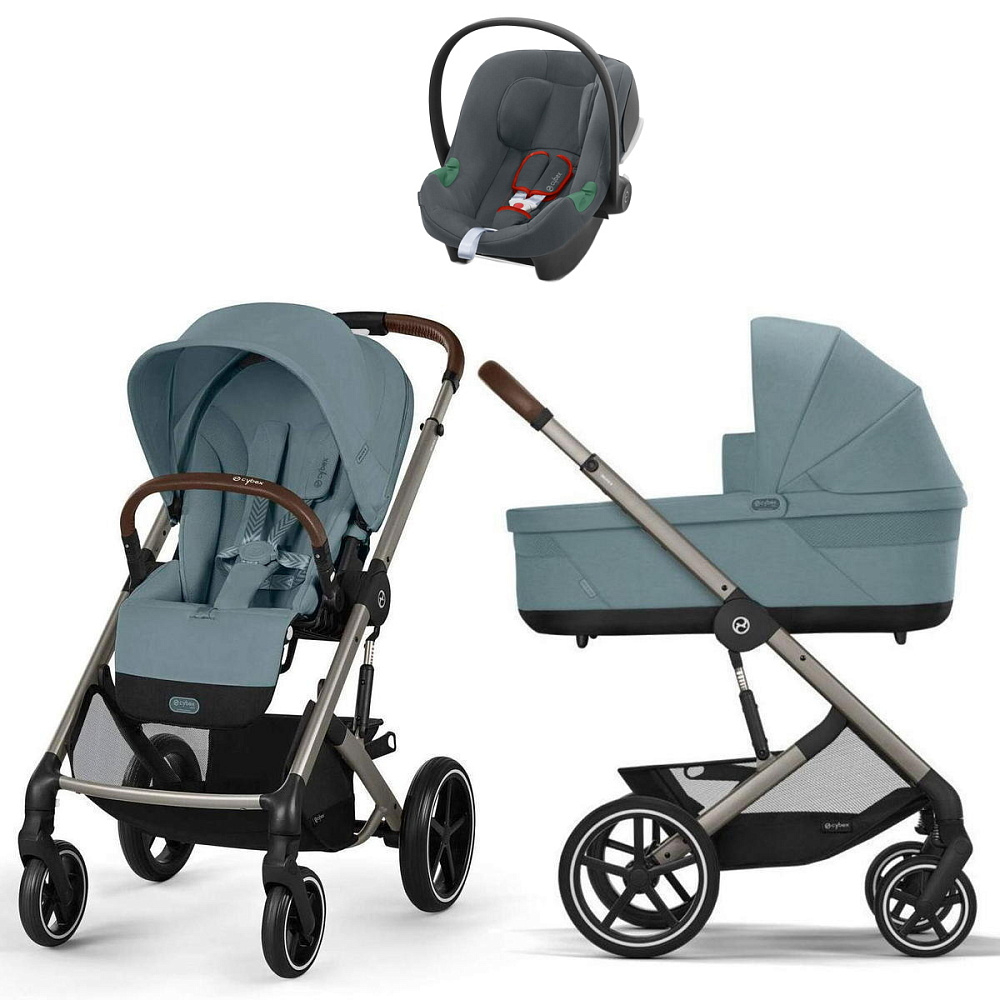 Коляска Cybex Balios S Lux TPE complete Aton B2 Steel Grey Base One 4 в 1 Stormy Blue с дождевиками
