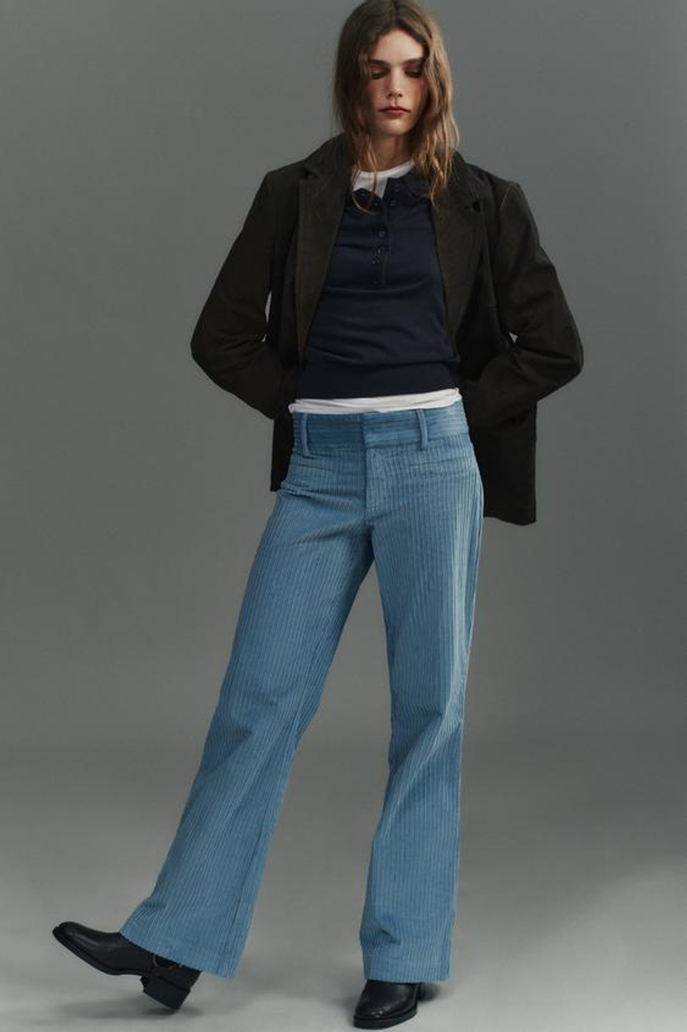 ZARA РАСКЛЕШЕННЫЕ БРЮКИ ИЗ ВЕЛЬВЕТА, ЛИНЯЛЫЙ ГОЛУБОЙ