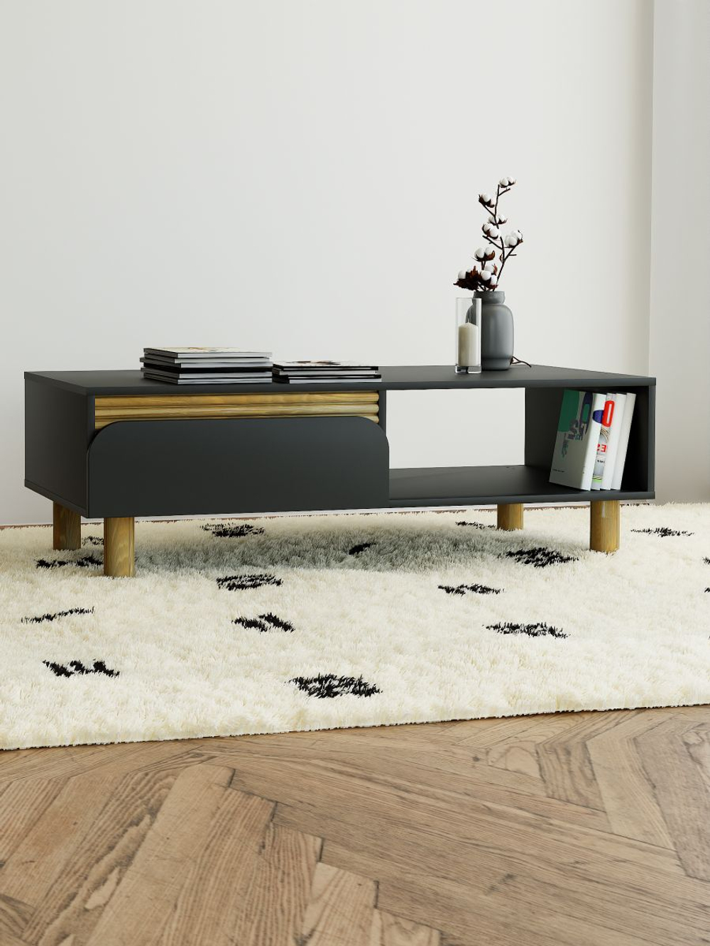 Журнальный столик 120х62х40, Ола, тумба под телевизор, с ящиком, серый / сосна, Dipriz