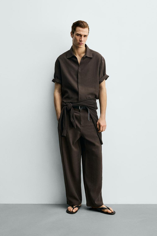 ZARA БРЮКИ СВОБОДНОГО КРОЯ СО СКЛАДКАМИ, КОРИЧНЕВЫЙ