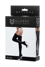 Чулки Glossy ELIZA из материала Wetlook со вставкой из кружева, черный