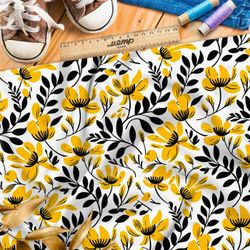 Ткань премиум сатин желто-черная цветочная фантазия