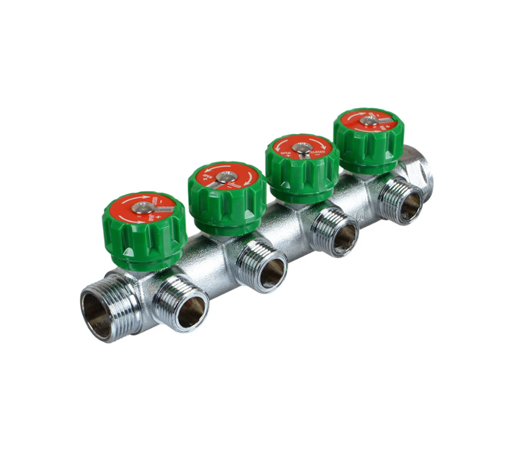 Латунный коллектор Terma 3/4"в/н с 4-мя вент.кранами на 1/2" (нар.резьбы) с выходами под 90 град (14021) 18606
