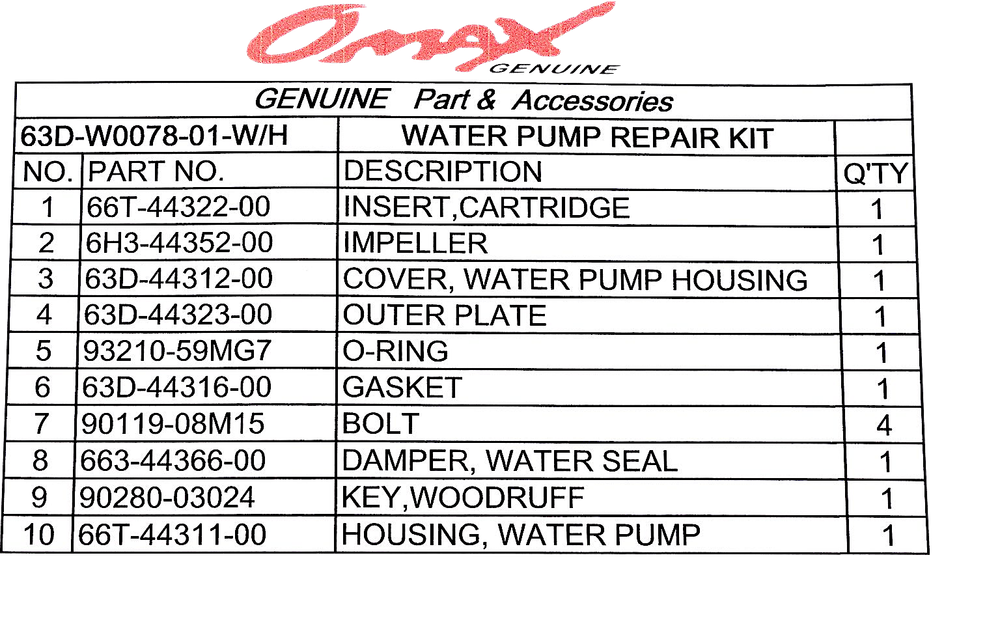 Yamaha 63D-W0078-01-WH ЗИП Водяной помпы c корпусом и крыльчаткой 40/50/60 ( Omax )
