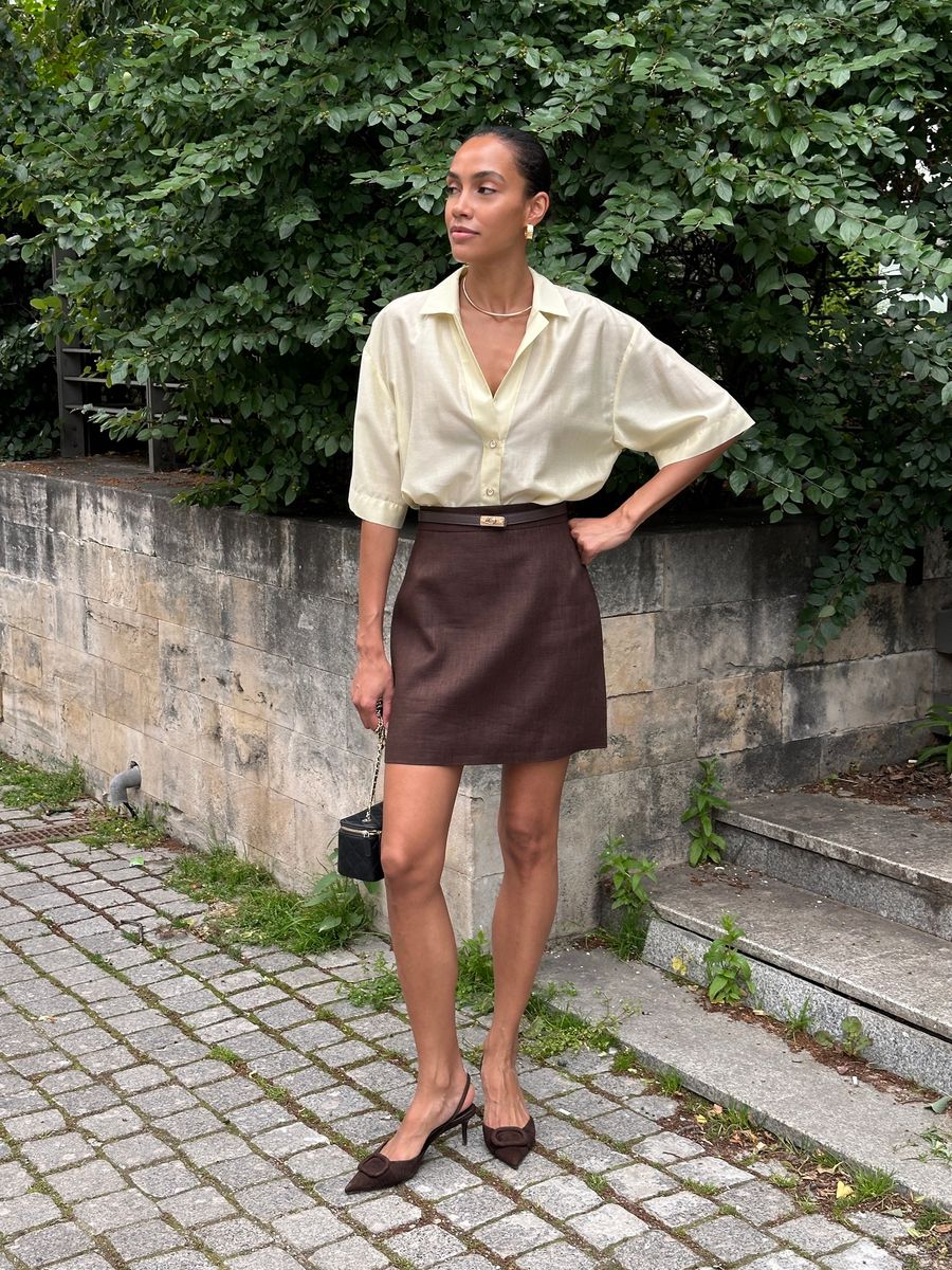 Блуза-рубашка из тенселя с коротким рукавом лимонная