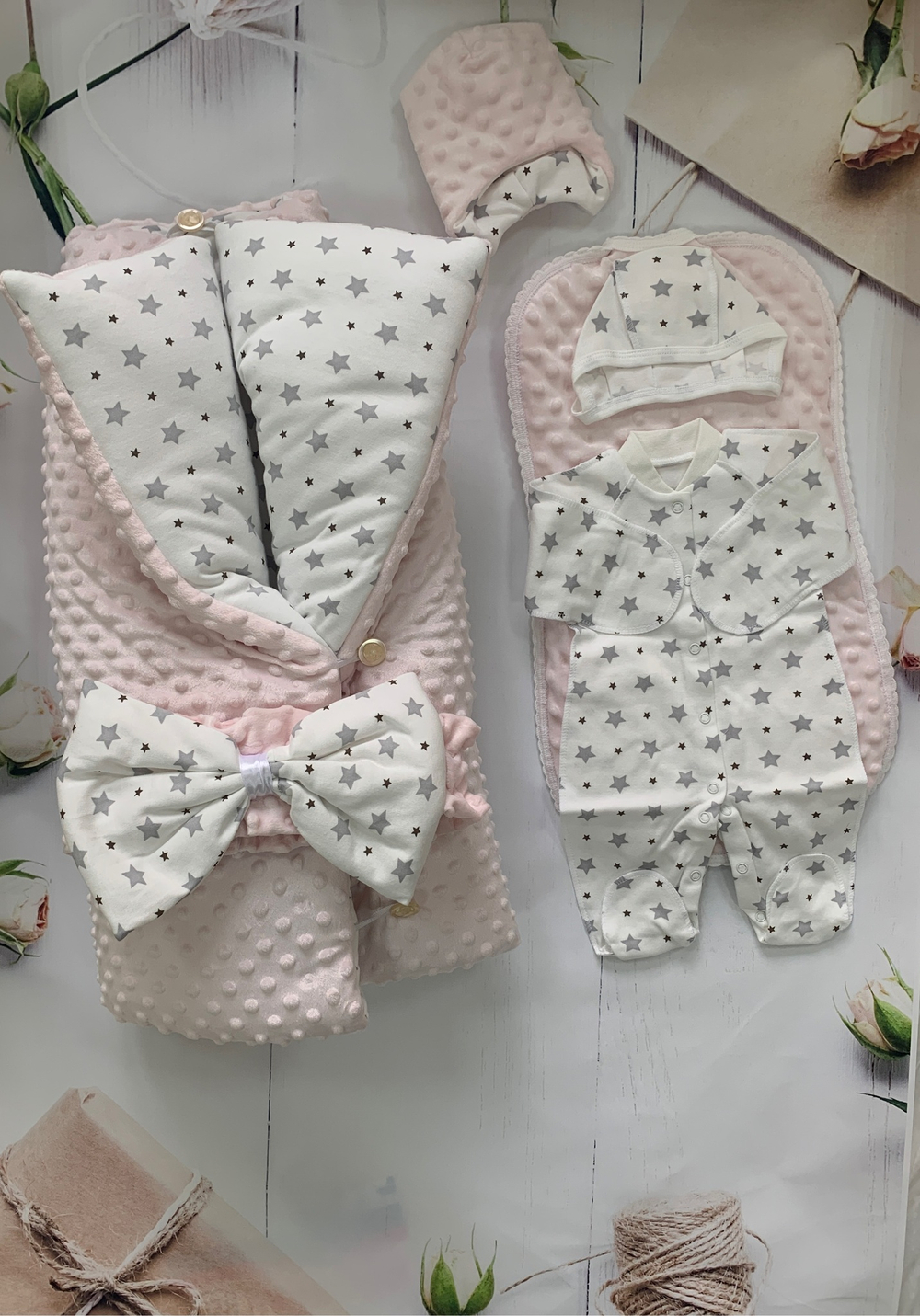 Комплект на выписку зима "Звездопад" - розовый