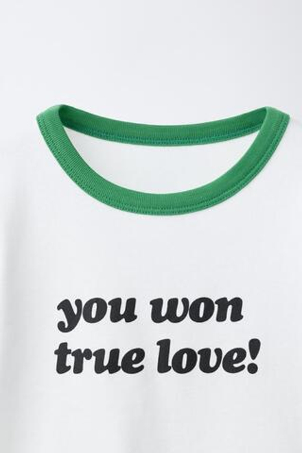 ZARA ФУТБОЛКА В РУБЧИК С КОНТРАСТНЫМ ТЕКСТОМ, ЦВЕТ МОРСКОЙ ВОЛНЫ