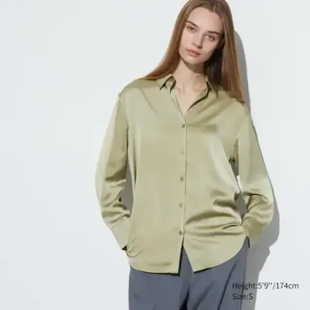 UNIQLO АТЛАСНАЯ БЛУЗКА С ДЛИННЫМИ РУКАВАМИ, ЗЕЛЕНЫЙ