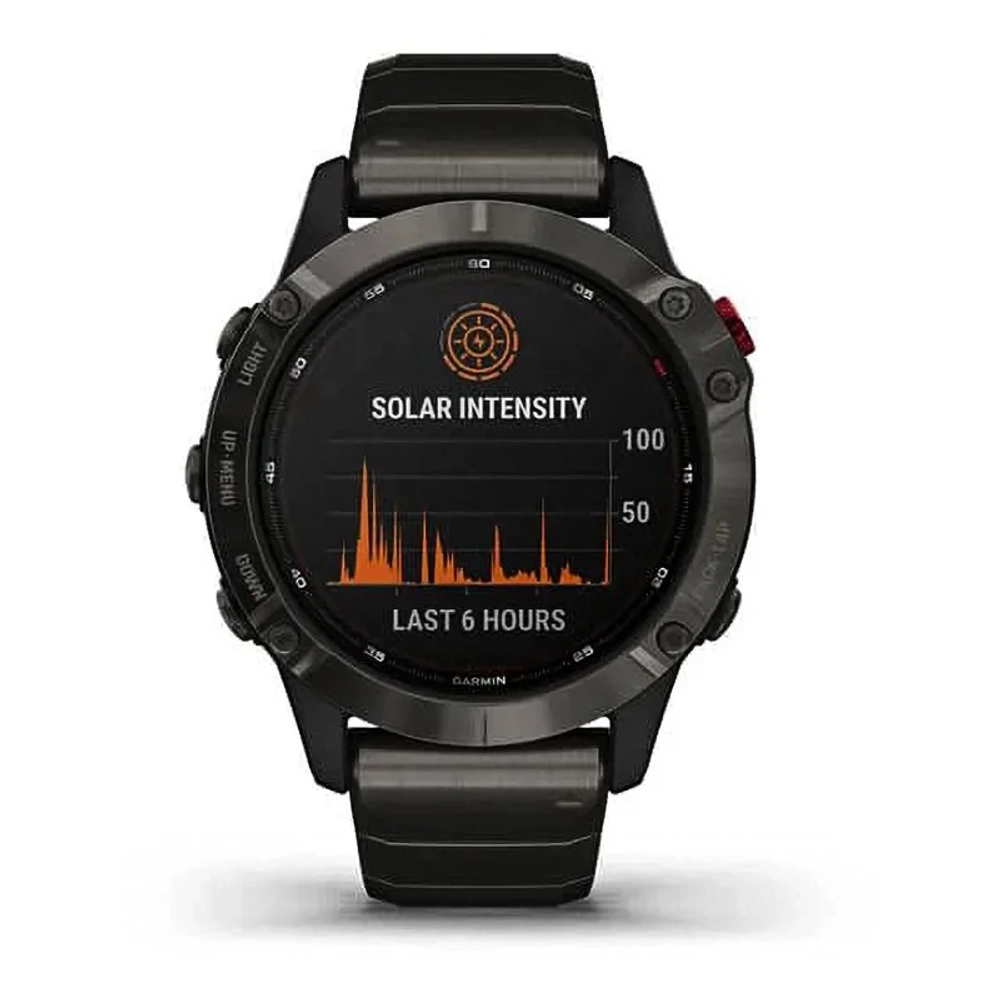 Спортивные наручные часы Garmin Fenix 6 Pro Solar титановый DLC карбон с DLC титановым ремешком 010-02410-23